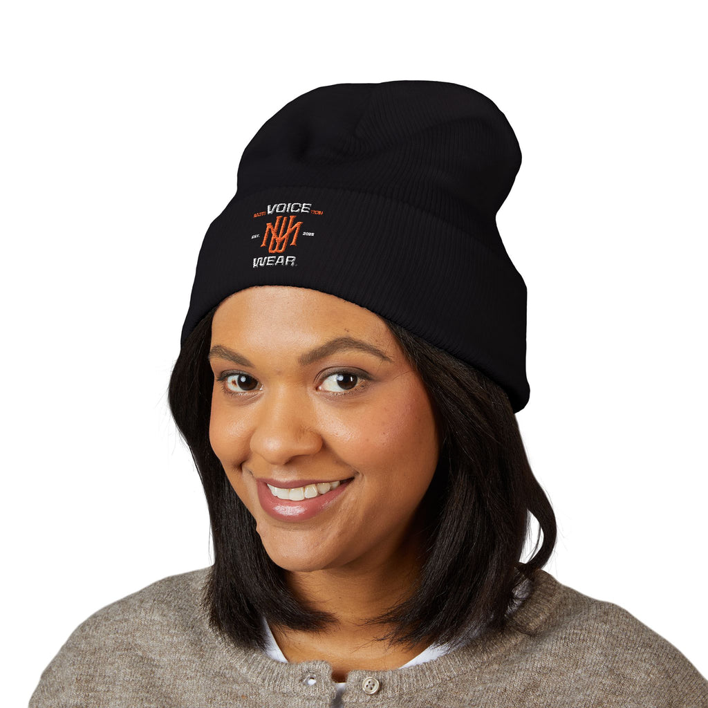 Embroidered "moti-Voice-tion Wear" Cuffed Beanie